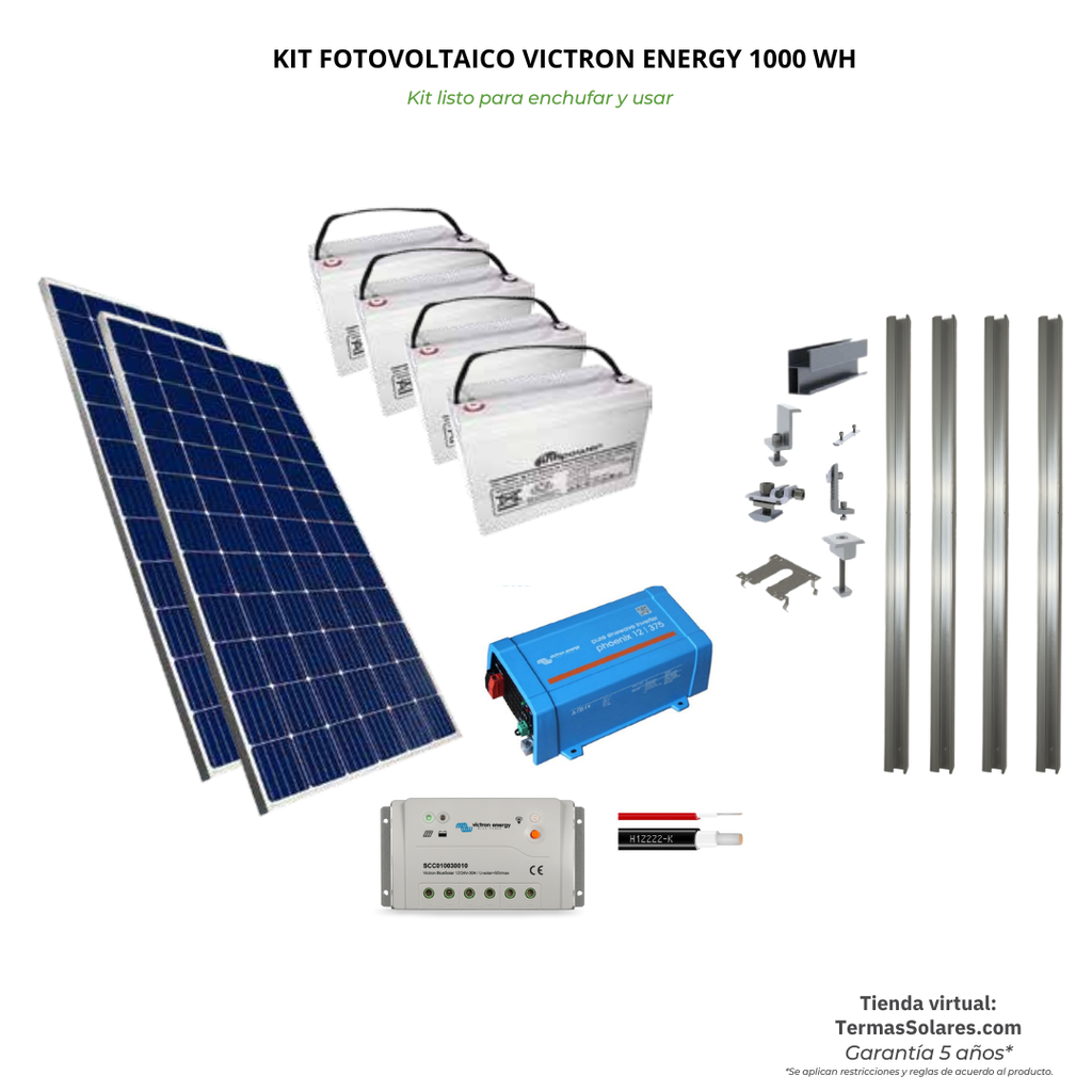 Kit solar 1000 wh-Aislado con 4 baterías, panel solar, controlador, inversor y accesorios